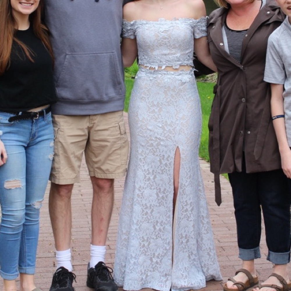 Light Blue Two Piece Lace Prom Dress